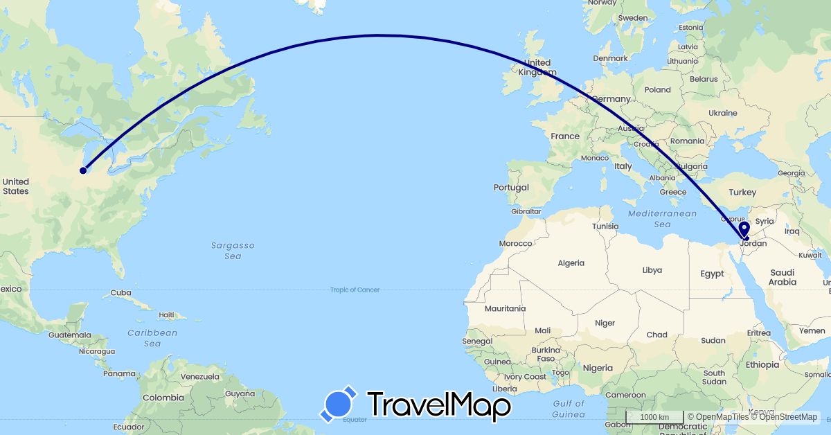 TravelMap itinerary: driving, boat in Israel, Jordan, Palestinian Territories, United States (Asia, North America)